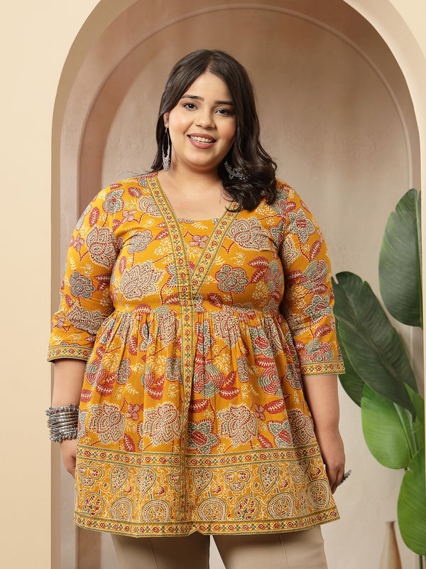 Stylum Women's Plus Size Mustard Floral Printed Cotton Peplum Top (TOPMUSTARDNOVAPLUS)