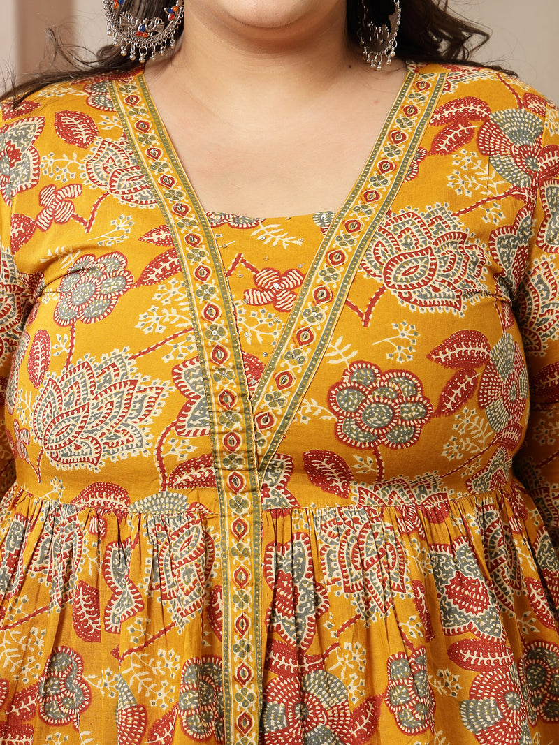 Stylum Women's Plus Size Mustard Floral Printed Cotton Peplum Top (TOPMUSTARDNOVAPLUS)