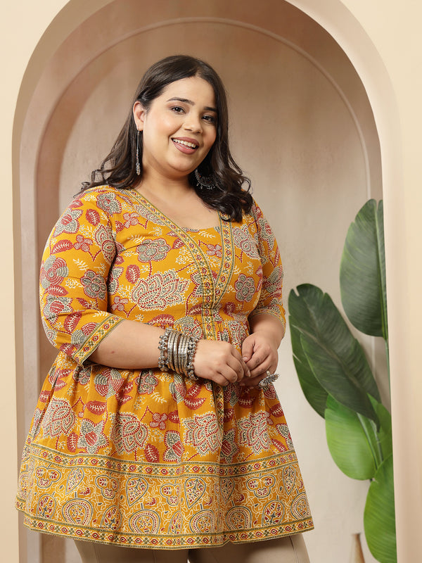 Stylum Women's Plus Size Mustard Floral Printed Cotton Peplum Top (TOPMUSTARDNOVAPLUS)