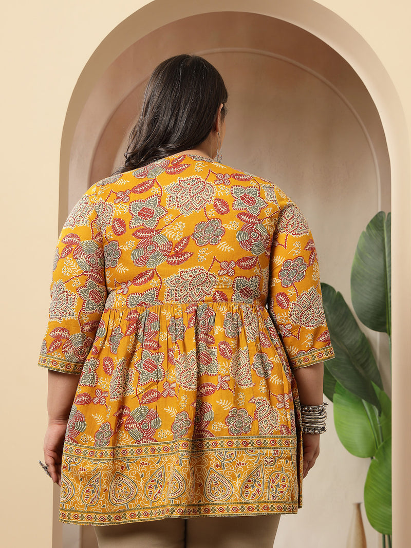 Stylum Women's Plus Size Mustard Floral Printed Cotton Peplum Top (TOPMUSTARDNOVAPLUS)