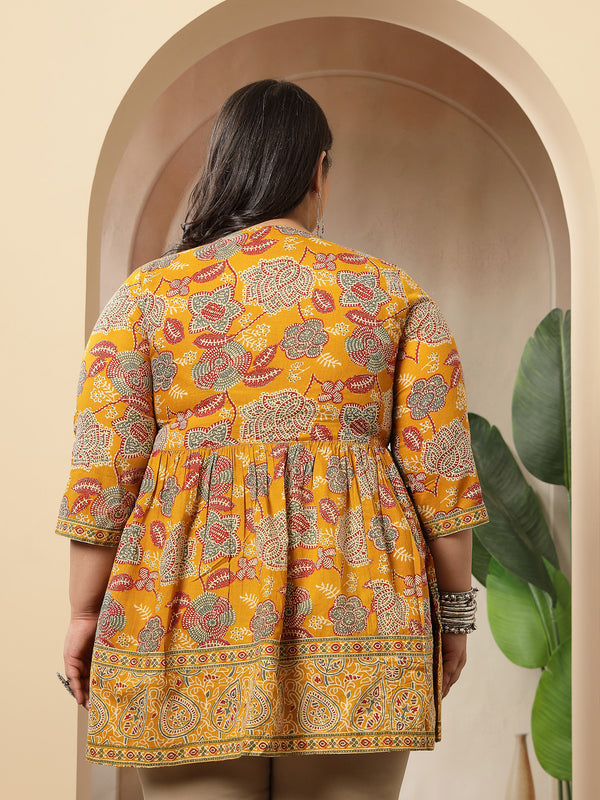 Stylum Women's Plus Size Mustard Floral Printed Cotton Peplum Top (TOPMUSTARDNOVAPLUS)