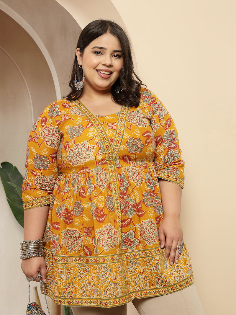 Stylum Women's Plus Size Mustard Floral Printed Cotton Peplum Top (TOPMUSTARDNOVAPLUS)