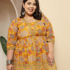 Stylum Women's Plus Size Mustard Floral Printed Cotton Peplum Top (TOPMUSTARDNOVAPLUS)