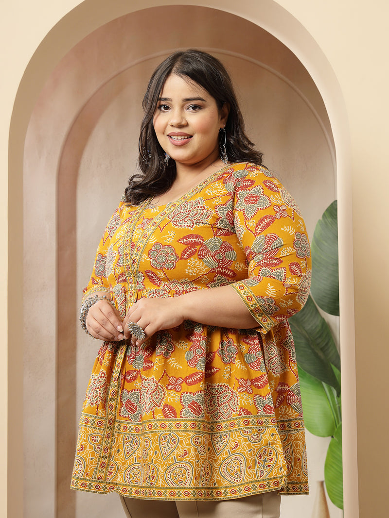 Stylum Women's Plus Size Mustard Floral Printed Cotton Peplum Top (TOPMUSTARDNOVAPLUS)