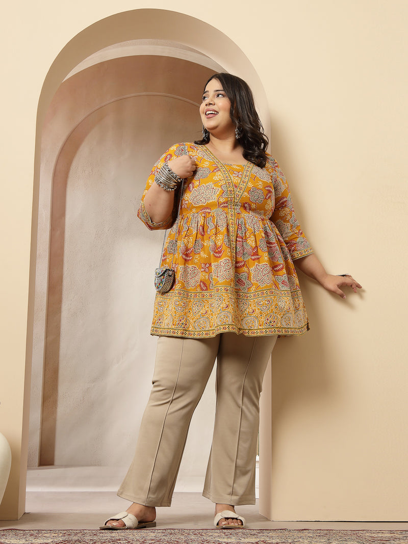 Stylum Women's Plus Size Mustard Floral Printed Cotton Peplum Top (TOPMUSTARDNOVAPLUS)