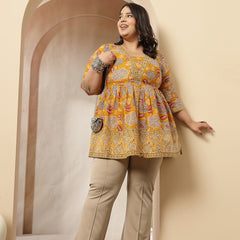 Stylum Women's Plus Size Mustard Floral Printed Cotton Peplum Top (TOPMUSTARDNOVAPLUS)