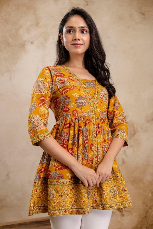 Stylum Women's Mustard Floral Printed Cotton Peplum Top (TOPMUSTARDNOVA)