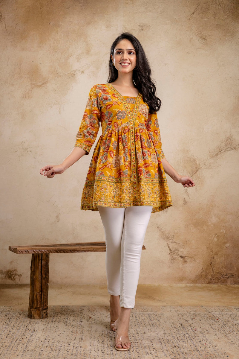 Stylum Women's Mustard Floral Printed Cotton Peplum Top (TOPMUSTARDNOVA)