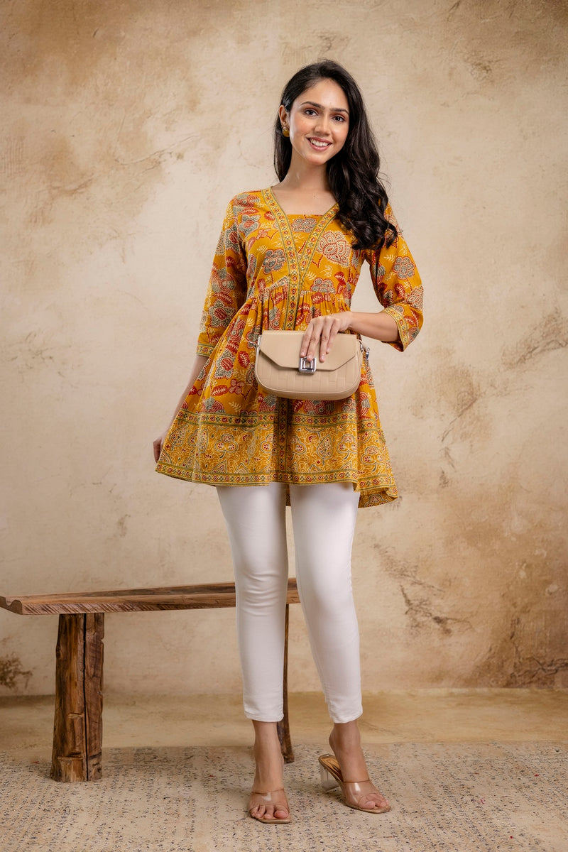 Stylum Women's Mustard Floral Printed Cotton Peplum Top (TOPMUSTARDNOVA)