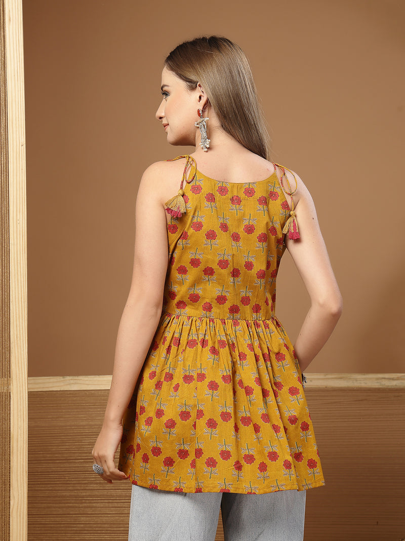Stylum Women's Mustard Floral Printed Cotton Empire Top (TOPMUSTBRAT)
