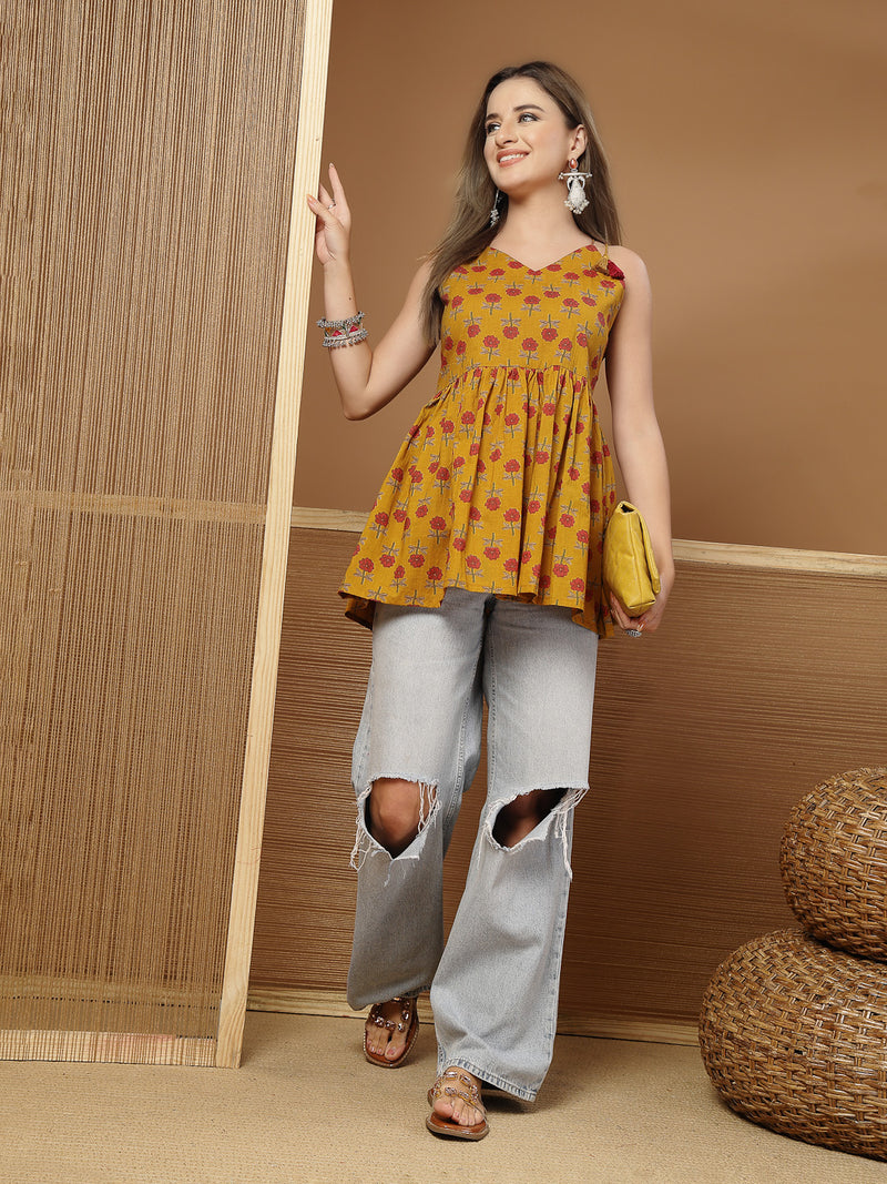 Stylum Women's Mustard Floral Printed Cotton Empire Top (TOPMUSTBRAT)