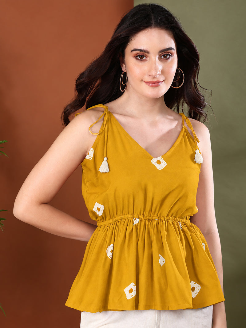 sTYLUM Women's Mustard Bandhej Printed Rayon Short Peplum Top (TOPMUSTKATTY)