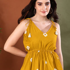 sTYLUM Women's Mustard Bandhej Printed Rayon Short Peplum Top (TOPMUSTKATTY)