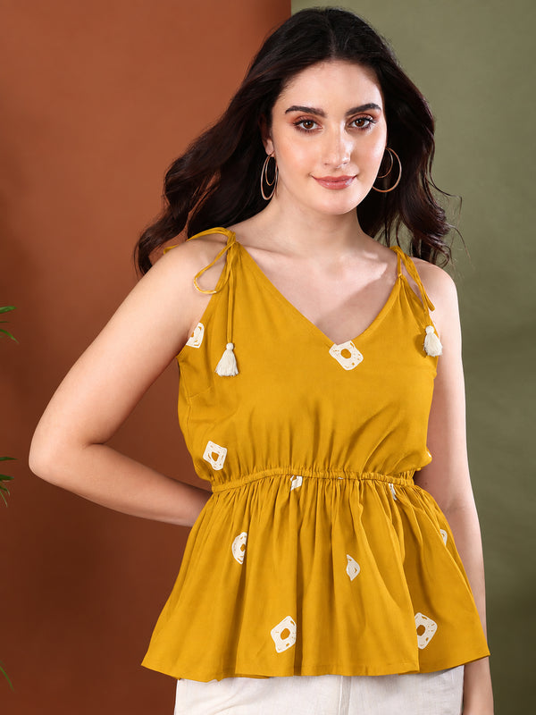 sTYLUM Women's Mustard Bandhej Printed Rayon Short Peplum Top (TOPMUSTKATTY)