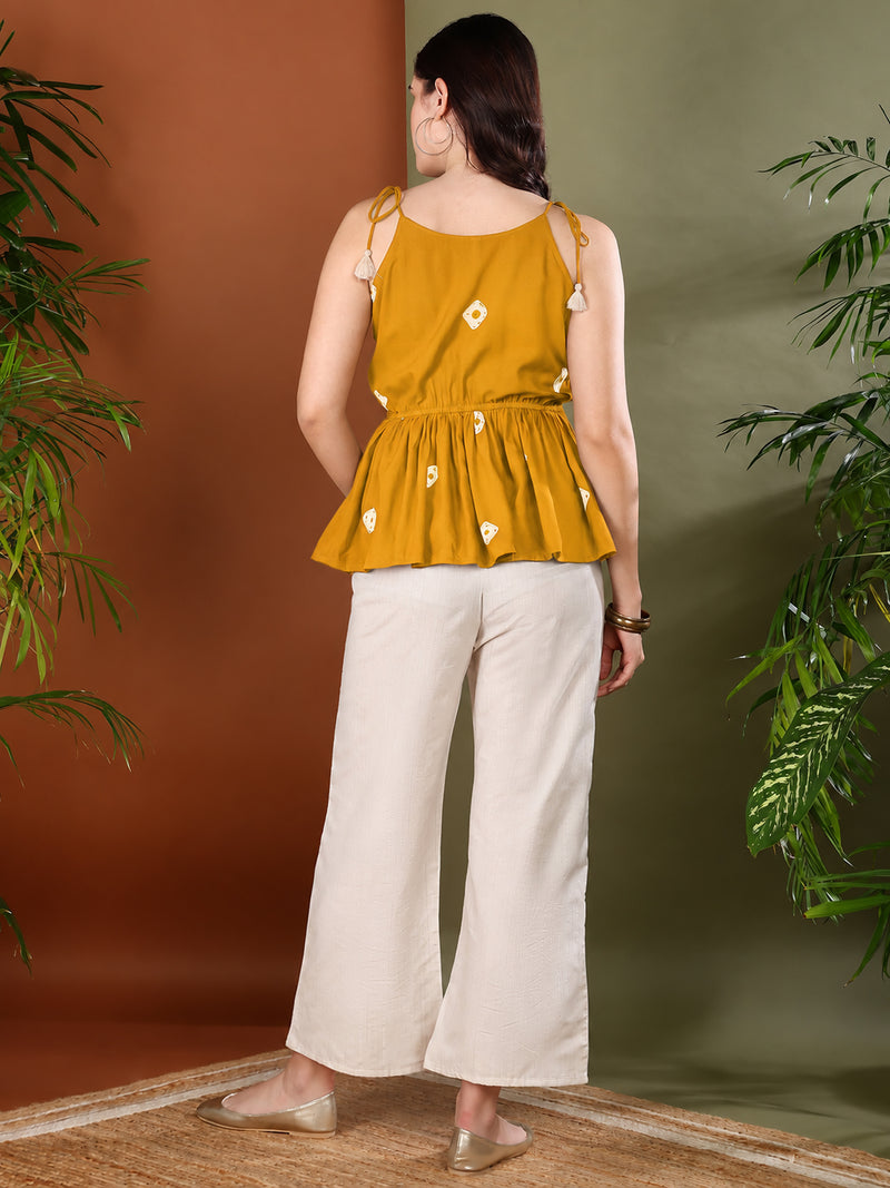 sTYLUM Women's Mustard Bandhej Printed Rayon Short Peplum Top (TOPMUSTKATTY)