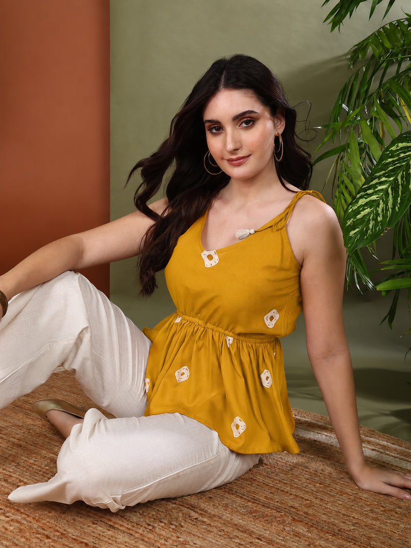 sTYLUM Women's Mustard Bandhej Printed Rayon Short Peplum Top (TOPMUSTKATTY)