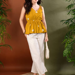 sTYLUM Women's Mustard Bandhej Printed Rayon Short Peplum Top (TOPMUSTKATTY)