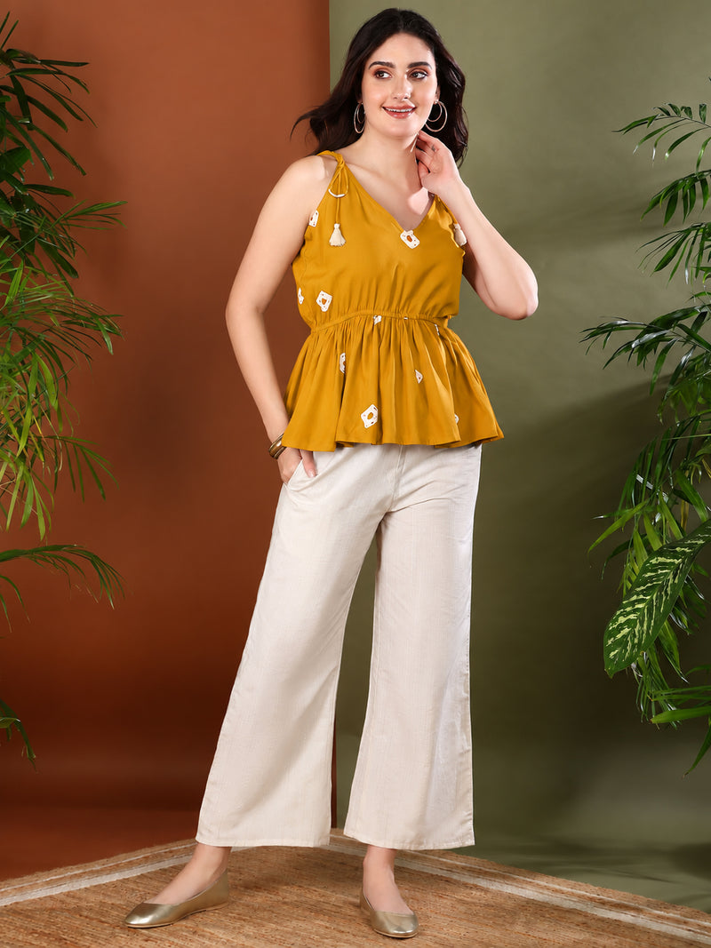 sTYLUM Women's Mustard Bandhej Printed Rayon Short Peplum Top (TOPMUSTKATTY)