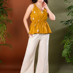 sTYLUM Women's Mustard Bandhej Printed Rayon Short Peplum Top (TOPMUSTKATTY)