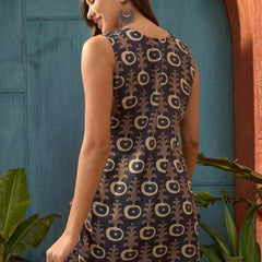 Stylum Women's Navy Blue Ikkat Printed Cotton Blend Straight Top (TOPNAVYAJASH)