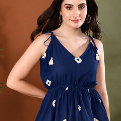 Stylum Women's Navy Bandhej Printed Rayon Short Peplum Top (TOPNAVYKATTY)