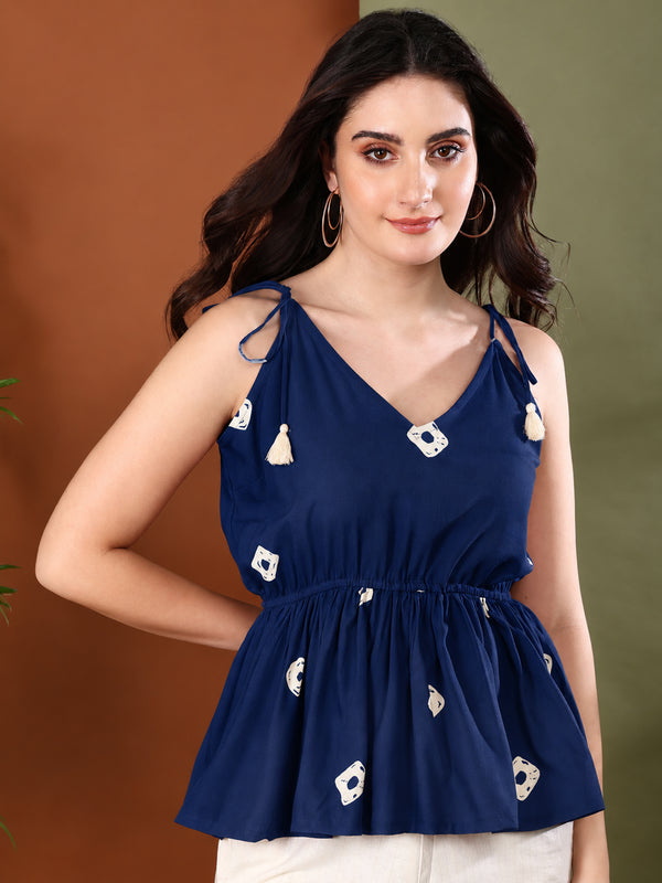 Stylum Women's Navy Bandhej Printed Rayon Short Peplum Top (TOPNAVYKATTY)