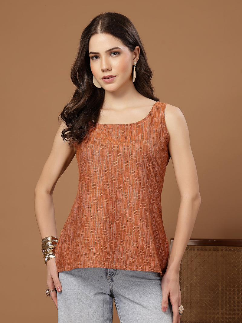 Stylum Women's Orange Woven Design Cotton Straight Top (TOPORANGEZUDIO)