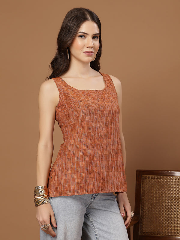 Stylum Women's Orange Woven Design Cotton Straight Top (TOPORANGEZUDIO)