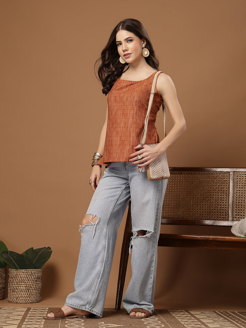 Stylum Women's Orange Woven Design Cotton Straight Top (TOPORANGEZUDIO)