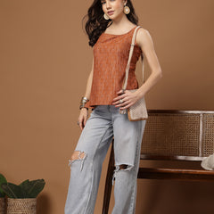 Stylum Women's Orange Woven Design Cotton Straight Top (TOPORANGEZUDIO)