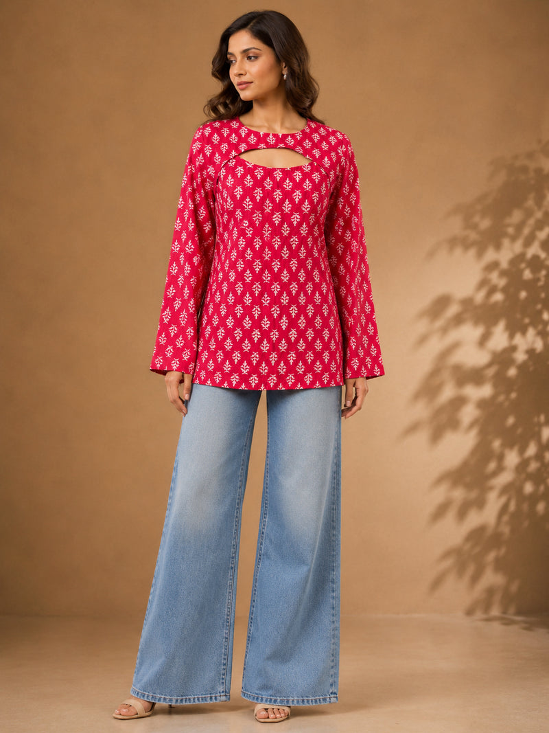 Stylum Women's Pink Ethnic Motifs Printed Cotton Straight Top (TOPPINKCURVV)
