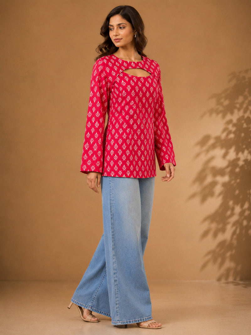 Stylum Women's Pink Ethnic Motifs Printed Cotton Straight Top (TOPPINKCURVV)