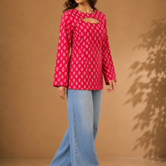 Stylum Women's Pink Ethnic Motifs Printed Cotton Straight Top (TOPPINKCURVV)
