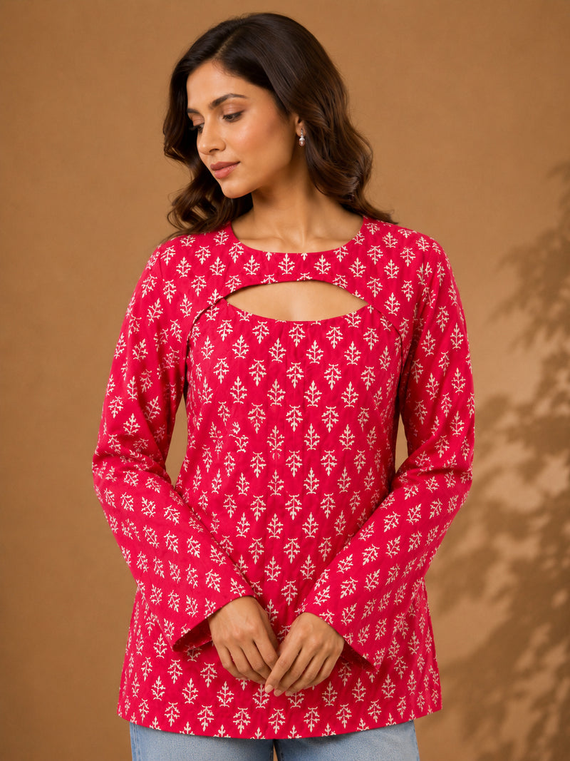 Stylum Women's Pink Ethnic Motifs Printed Cotton Straight Top (TOPPINKCURVV)