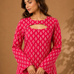 Stylum Women's Pink Ethnic Motifs Printed Cotton Straight Top (TOPPINKCURVV)