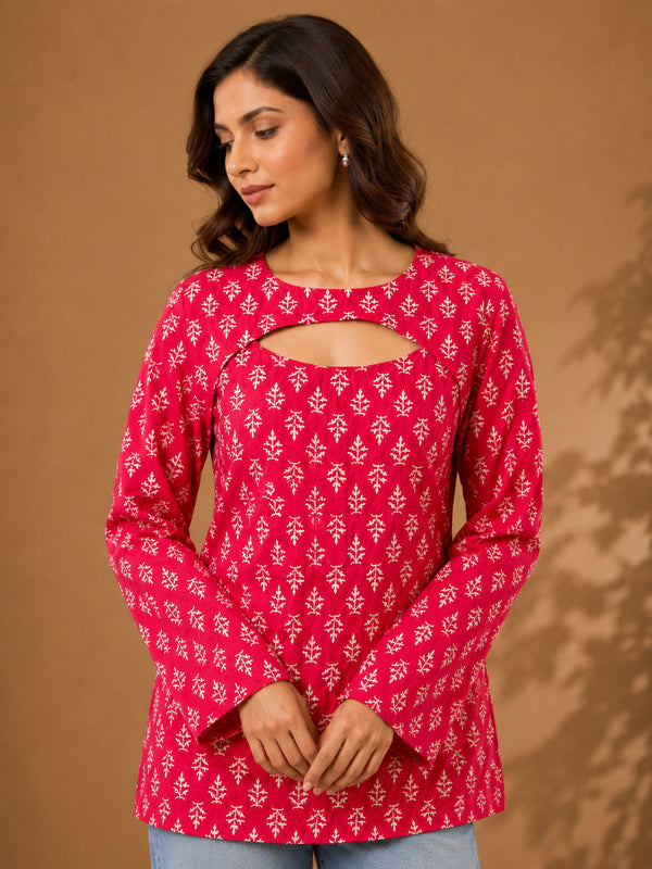 Stylum Women's Pink Ethnic Motifs Printed Cotton Straight Top (TOPPINKCURVV)