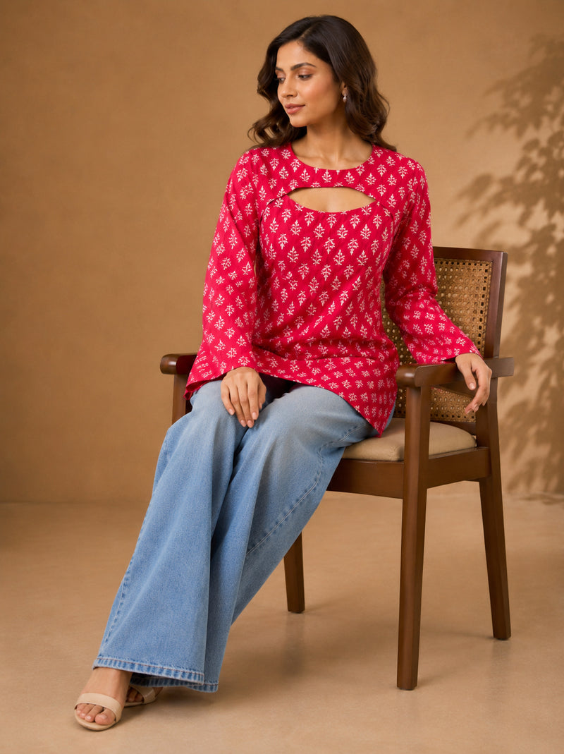 Stylum Women's Pink Ethnic Motifs Printed Cotton Straight Top (TOPPINKCURVV)