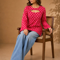 Stylum Women's Pink Ethnic Motifs Printed Cotton Straight Top (TOPPINKCURVV)