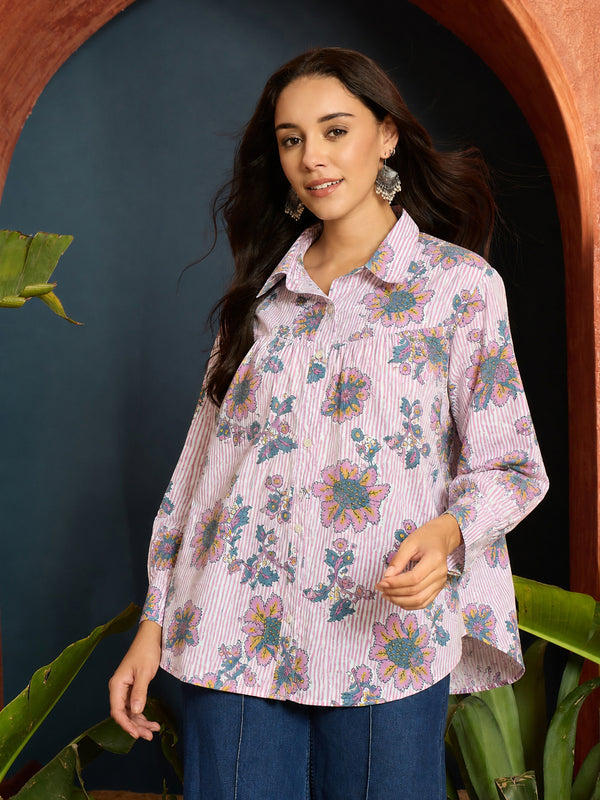 Stylum Women's Pink Floral Printed Cotton Shirt (TOPPINKJAYKA)