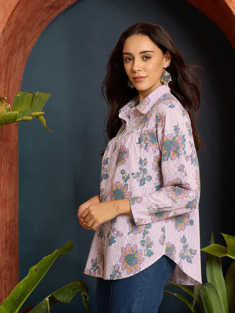 Stylum Women's Pink Floral Printed Cotton Shirt (TOPPINKJAYKA)