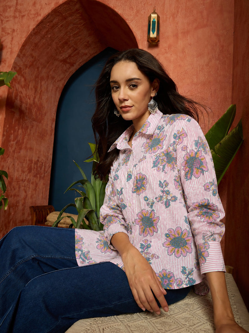 Stylum Women's Pink Floral Printed Cotton Shirt (TOPPINKJAYKA)