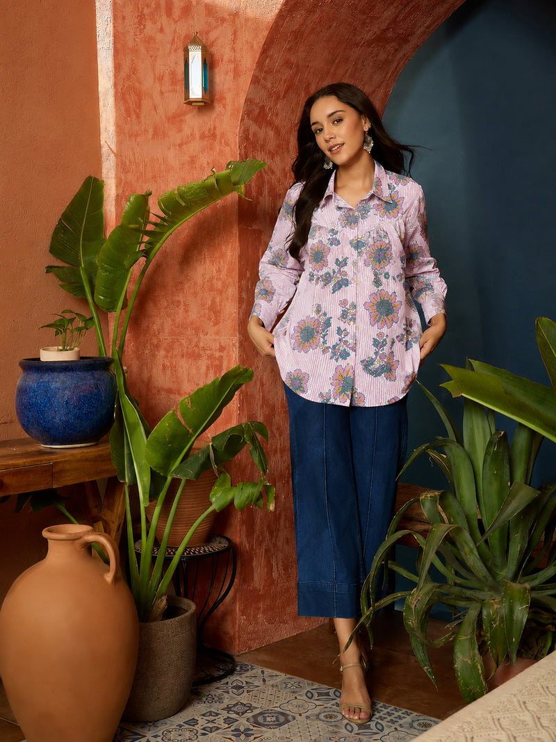 Stylum Women's Pink Floral Printed Cotton Shirt (TOPPINKJAYKA)