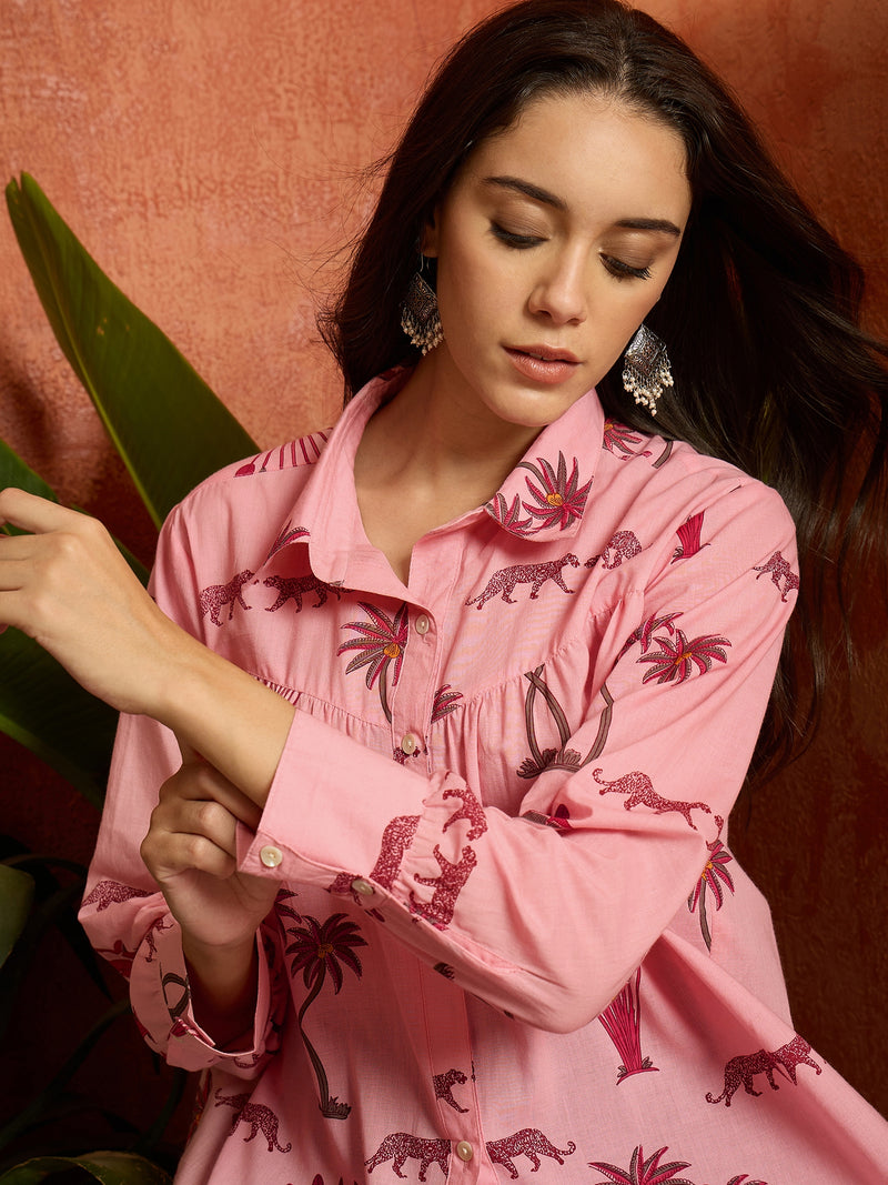 Stylum Women's Pink Palm Tree Printed Cotton Shirt (TOPPINKKARA)