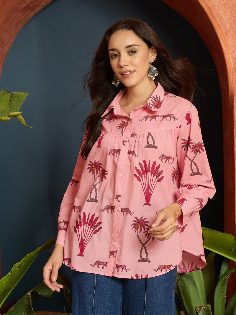 Stylum Women's Pink Palm Tree Printed Cotton Shirt (TOPPINKKARA)