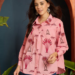 Stylum Women's Pink Palm Tree Printed Cotton Shirt (TOPPINKKARA)