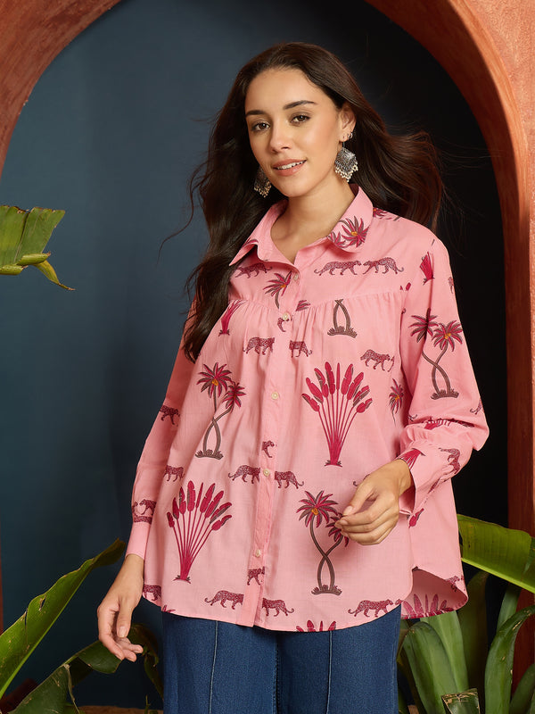 Stylum Women's Pink Palm Tree Printed Cotton Shirt (TOPPINKKARA)