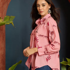 Stylum Women's Pink Palm Tree Printed Cotton Shirt (TOPPINKKARA)