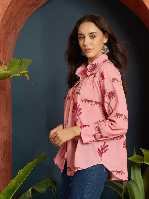 Stylum Women's Pink Palm Tree Printed Cotton Shirt (TOPPINKKARA)