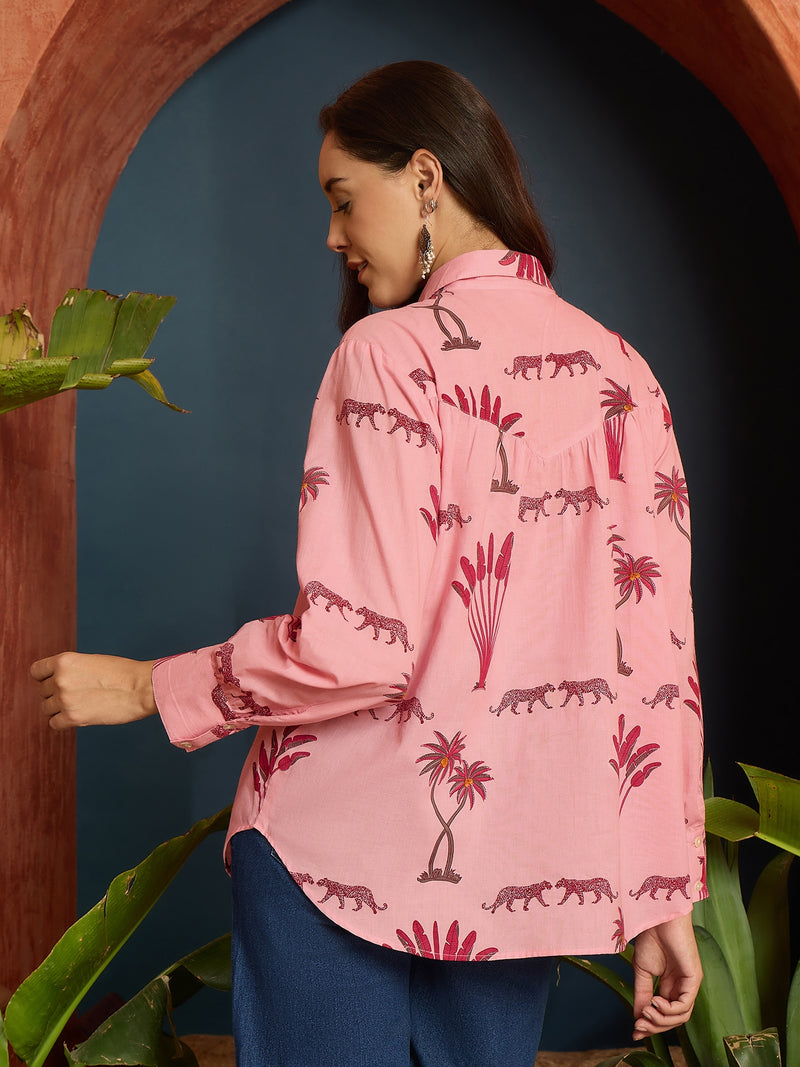 Stylum Women's Pink Palm Tree Printed Cotton Shirt (TOPPINKKARA)