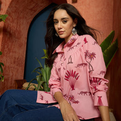 Stylum Women's Pink Palm Tree Printed Cotton Shirt (TOPPINKKARA)